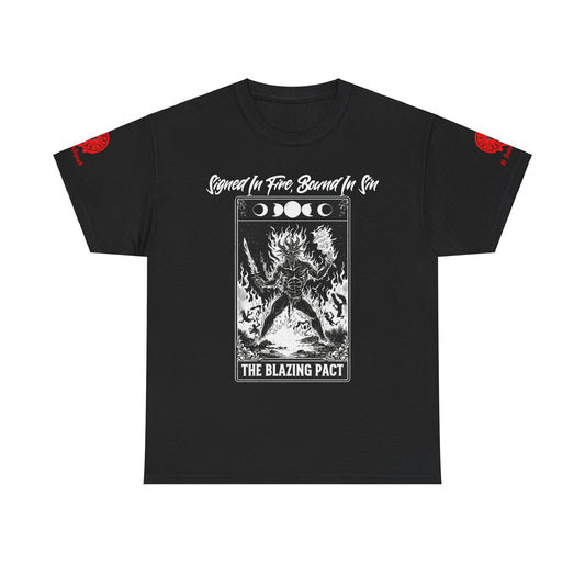 Cotton Tee Shirt – "The Blazing Pact" Tarot Card Design (Sizes S-5XL) Part of the #SatanSquad Collection | Gothic, Occult, & Tarot-Inspired Apparel | Murky Creek Creations