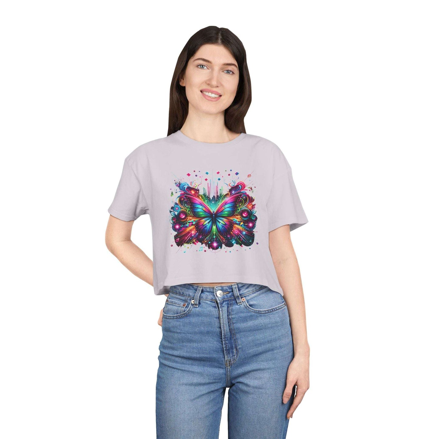 Crop Tee, Rainbow Butterfly with Music Notes, Music Bars, Colorful Light | Murky Creek Creations