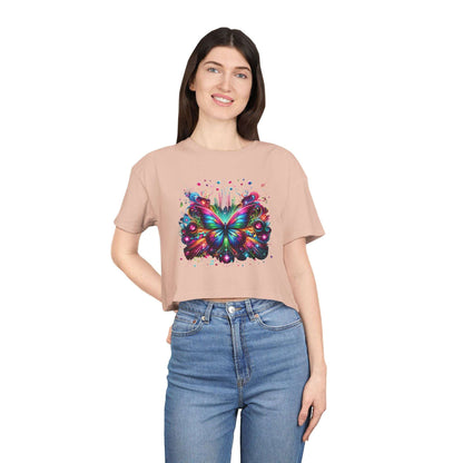 Crop Tee, Rainbow Butterfly with Music Notes, Music Bars, Colorful Light | Murky Creek Creations