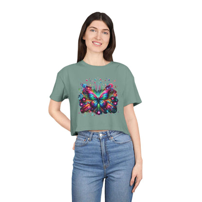 Crop Tee, Rainbow Butterfly with Music Notes, Music Bars, Colorful Light | Murky Creek Creations