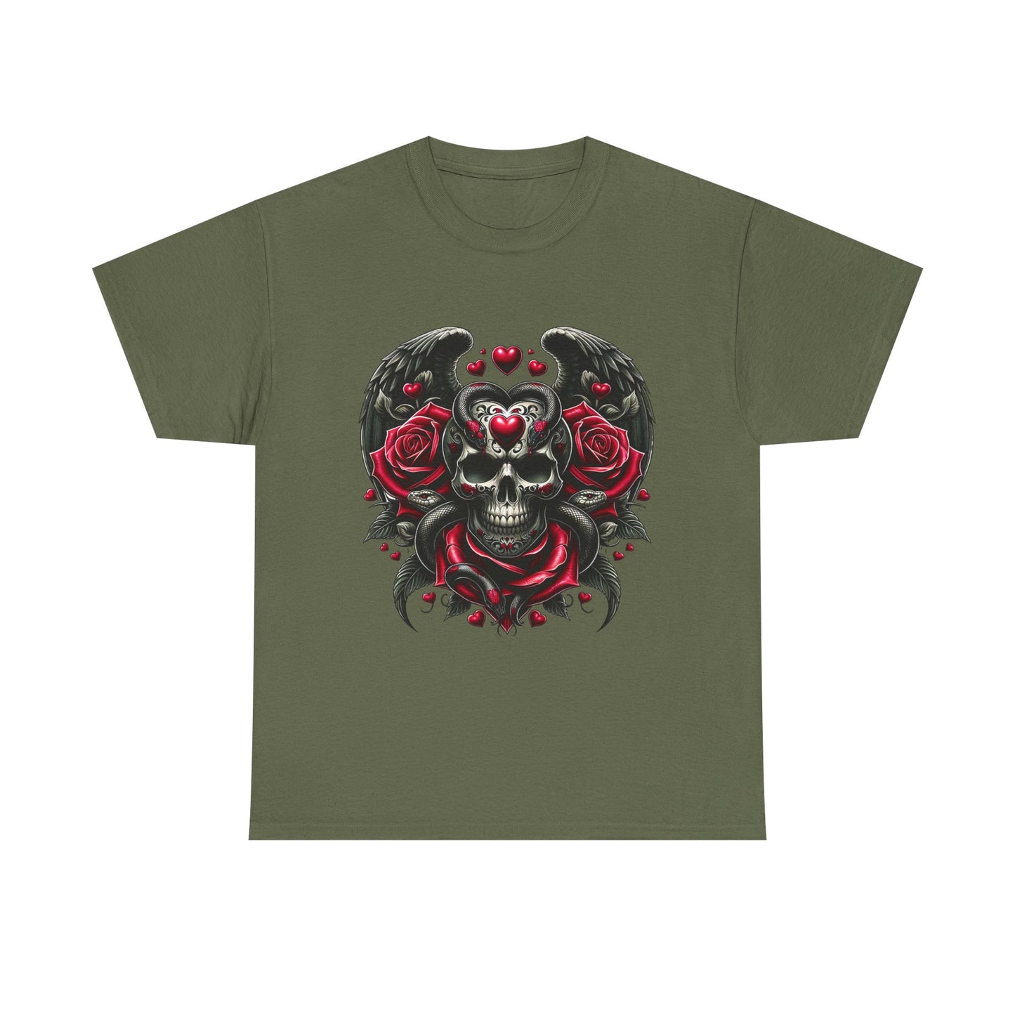 Winged Skull With Hearts And Serpents Tee Shirt