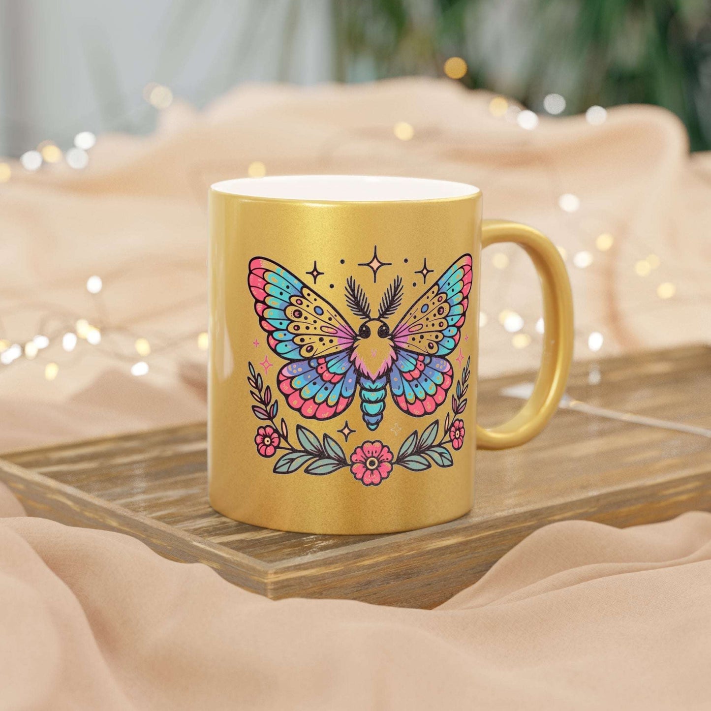 Metallic Silver or Gold Mug - Moth & Floral Design | Unique & Elegant | Fast & Free Shipping | Murky Creek Creations