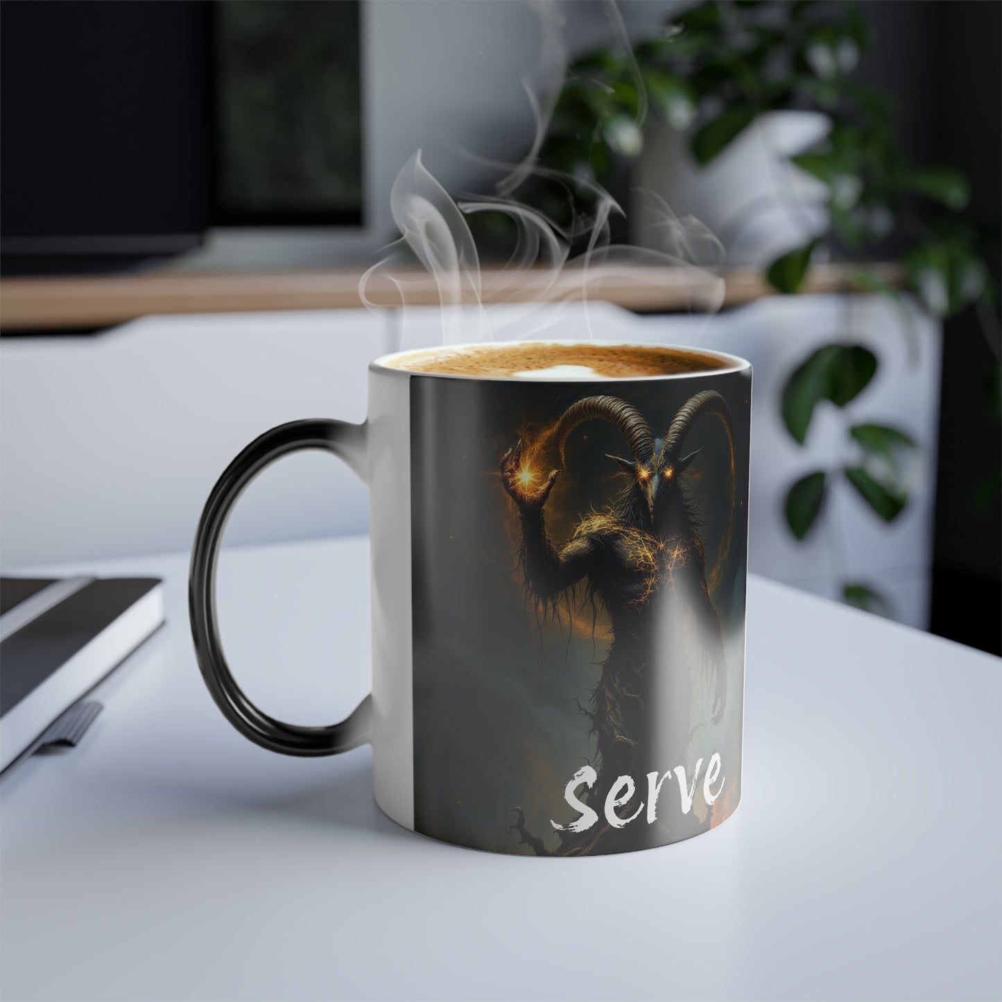 Color Morphing Mug – Baphomet "SERVE" Design Color Changing Mug for Coffee or Tea