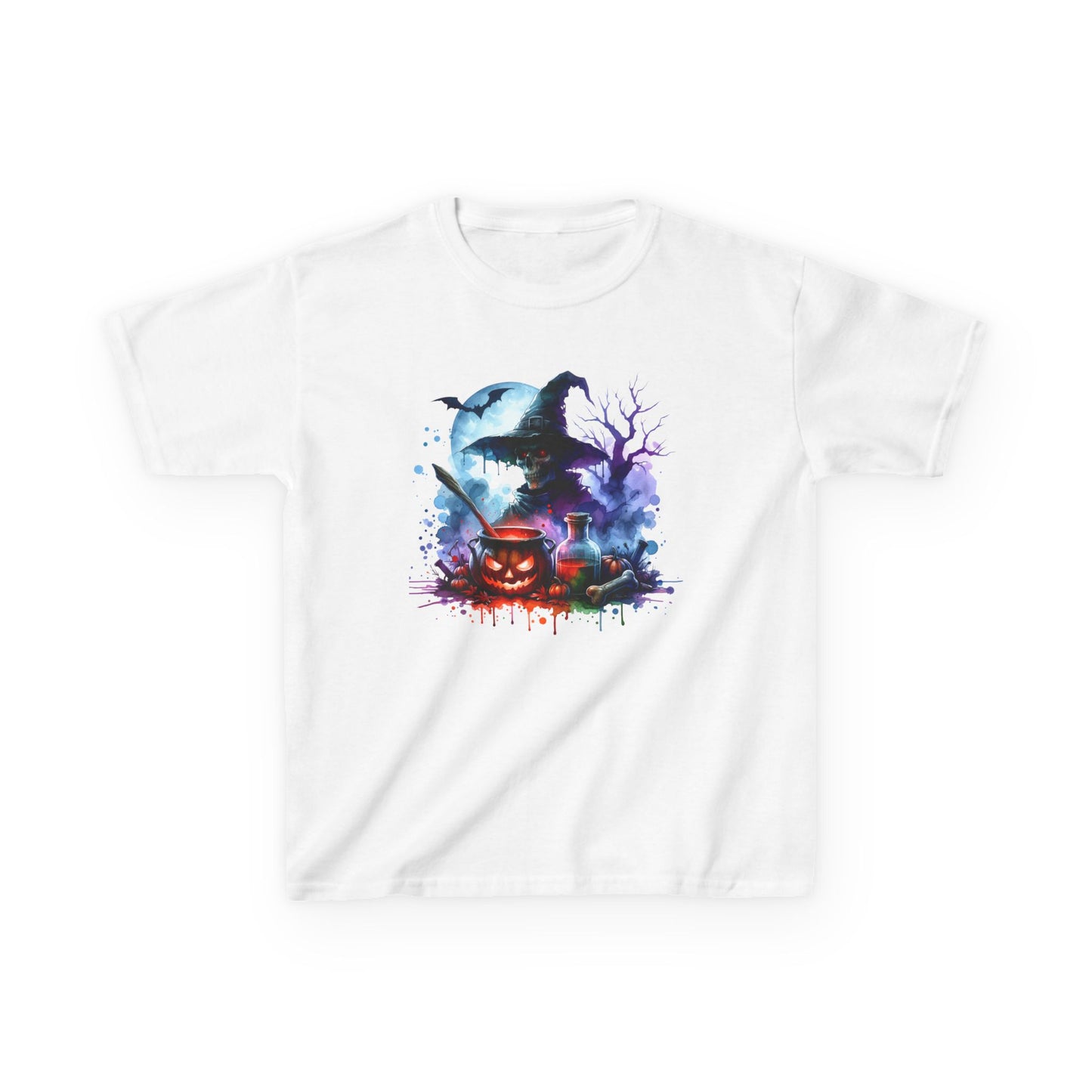 Skeleton Witch Brewing Potions Watercolor Kids Tee