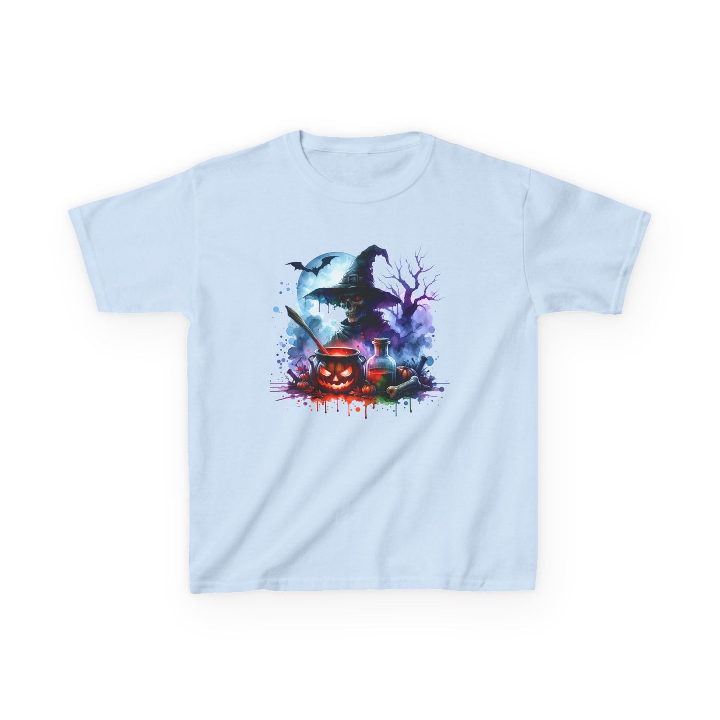 Skeleton Witch Brewing Potions Watercolor Kids Tee