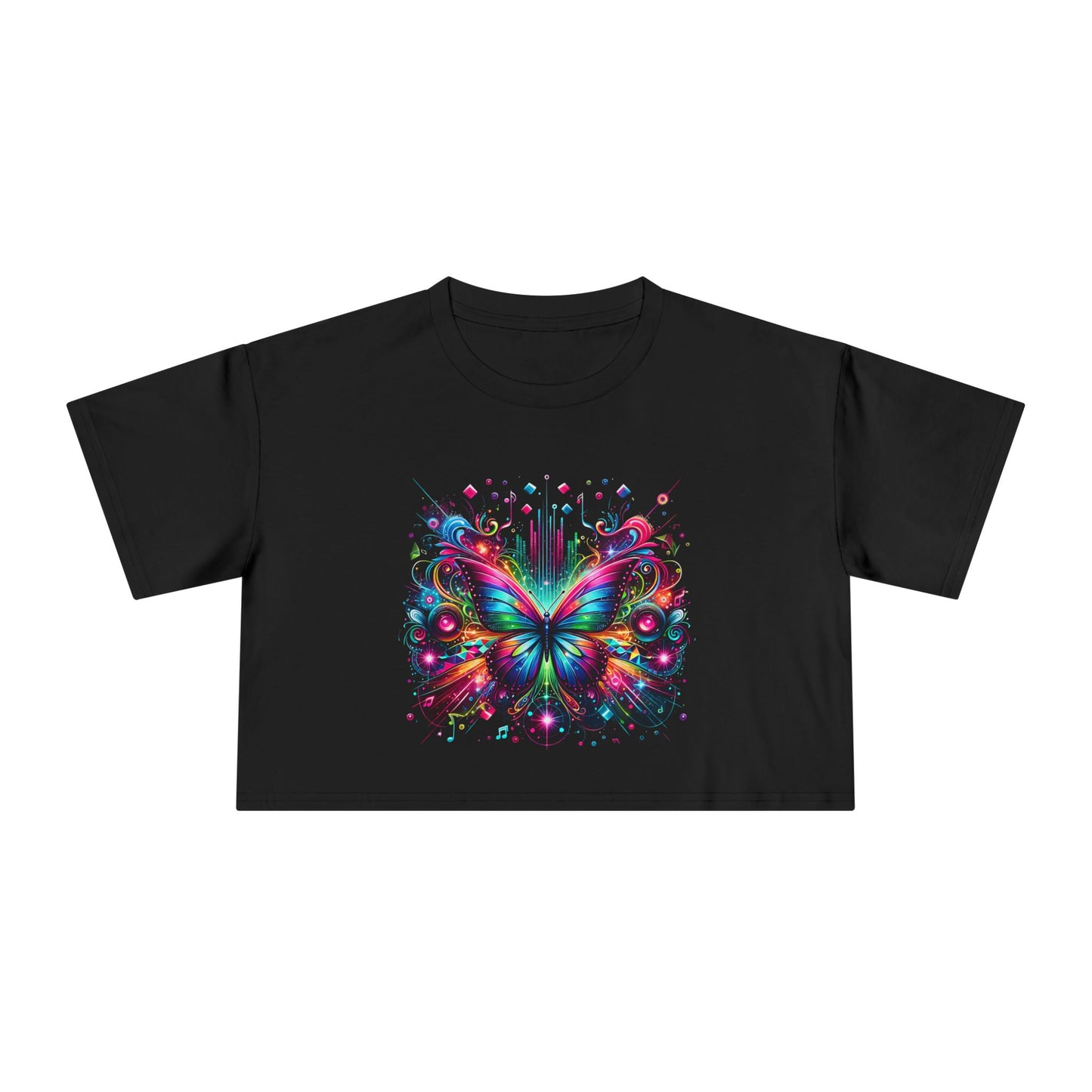 Crop Tee, Rainbow Butterfly with Music Notes, Music Bars, Colorful Light