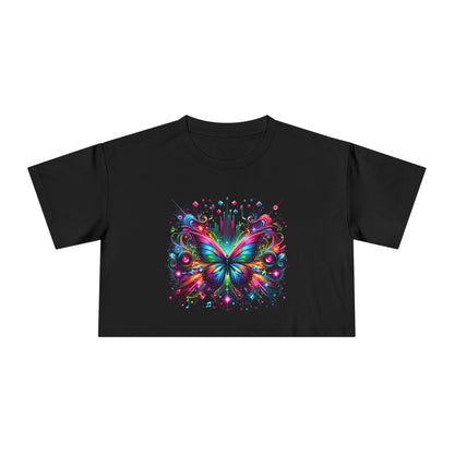 Crop Tee, Rainbow Butterfly with Music Notes, Music Bars, Colorful Light