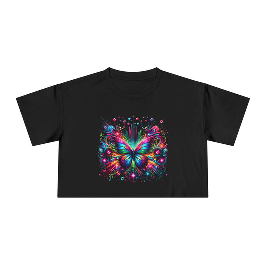 Crop Tee, Rainbow Butterfly with Music Notes, Music Bars, Colorful Light