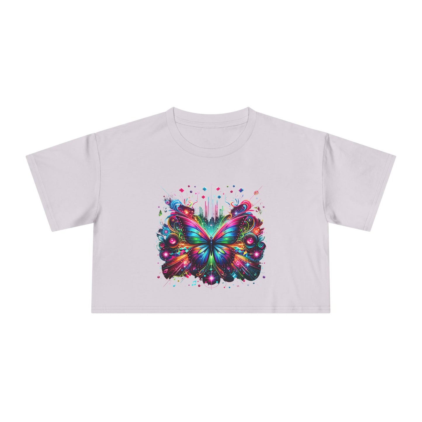 Crop Tee, Rainbow Butterfly with Music Notes, Music Bars, Colorful Light | Murky Creek Creations