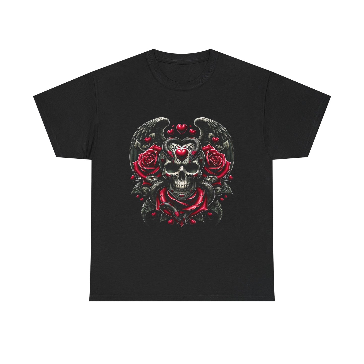 Winged Skull With Hearts And Serpents Tee Shirt