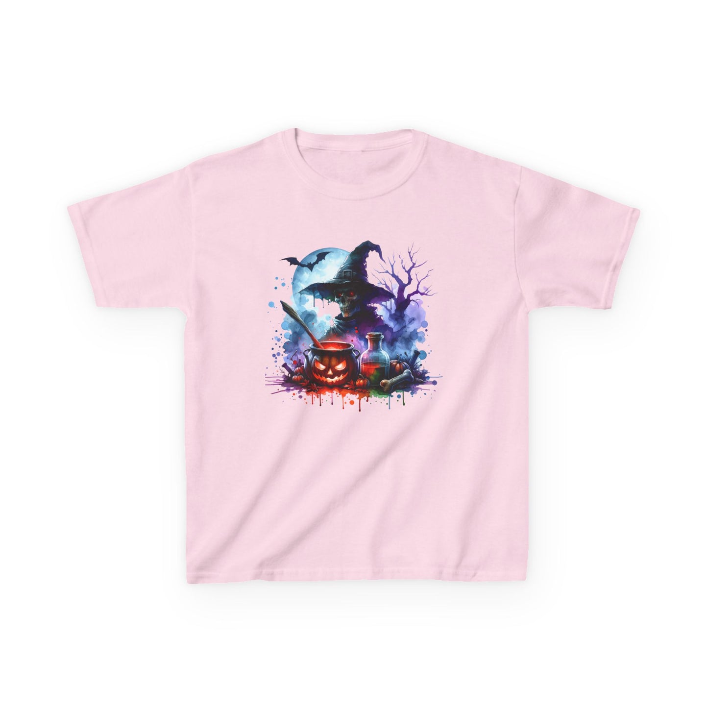 Skeleton Witch Brewing Potions Watercolor Kids Tee