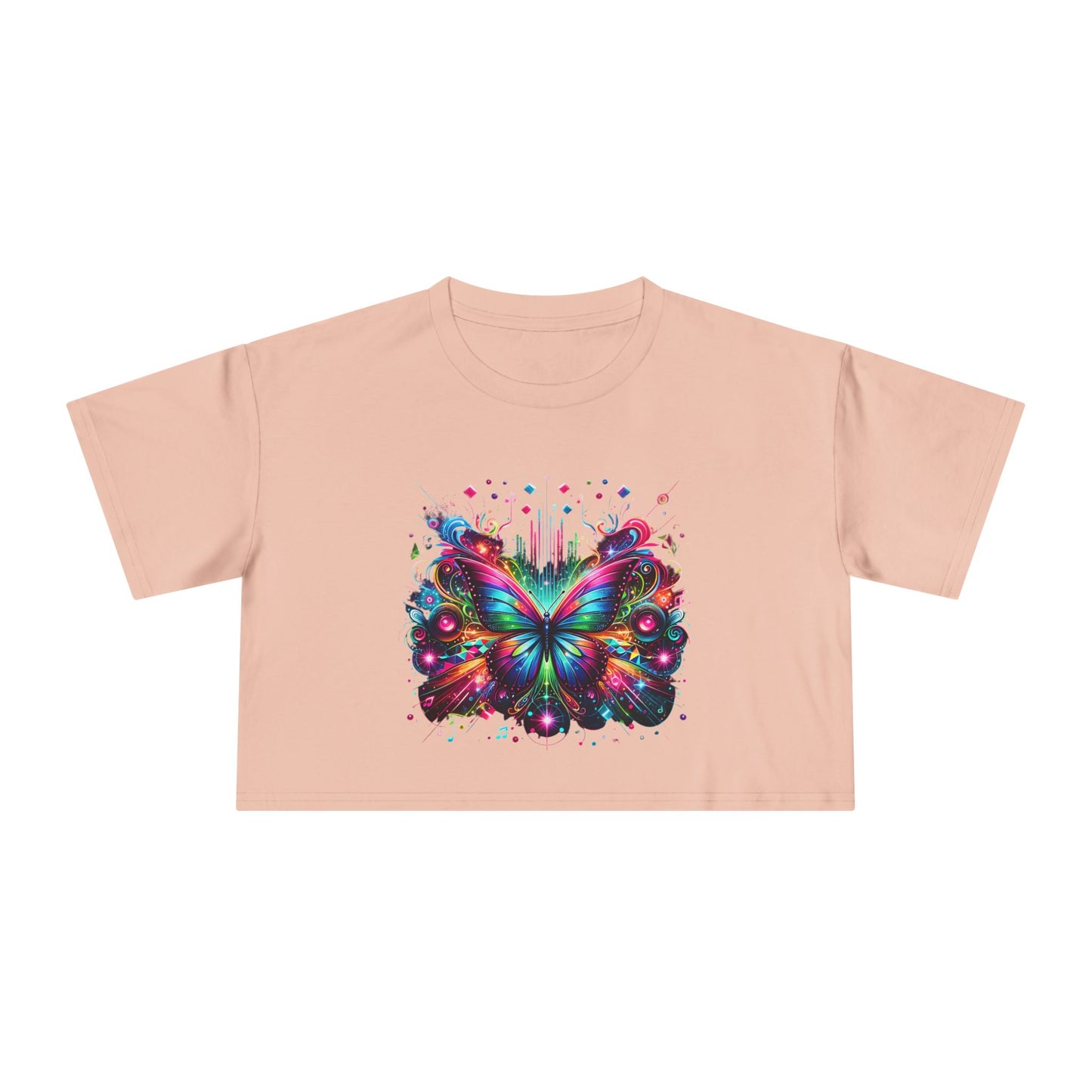 Crop Tee, Rainbow Butterfly with Music Notes, Music Bars, Colorful Light | Murky Creek Creations