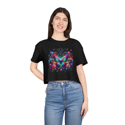 Crop Tee, Rainbow Butterfly with Music Notes, Music Bars, Colorful Light | Murky Creek Creations