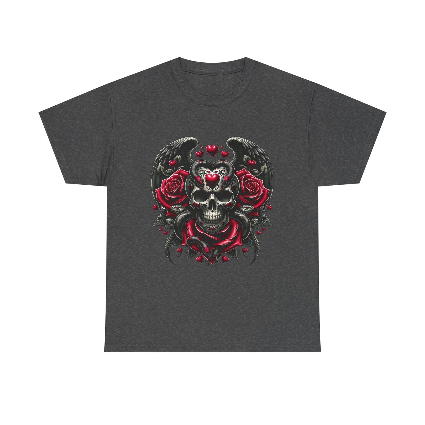 Winged Skull With Hearts And Serpents Tee Shirt