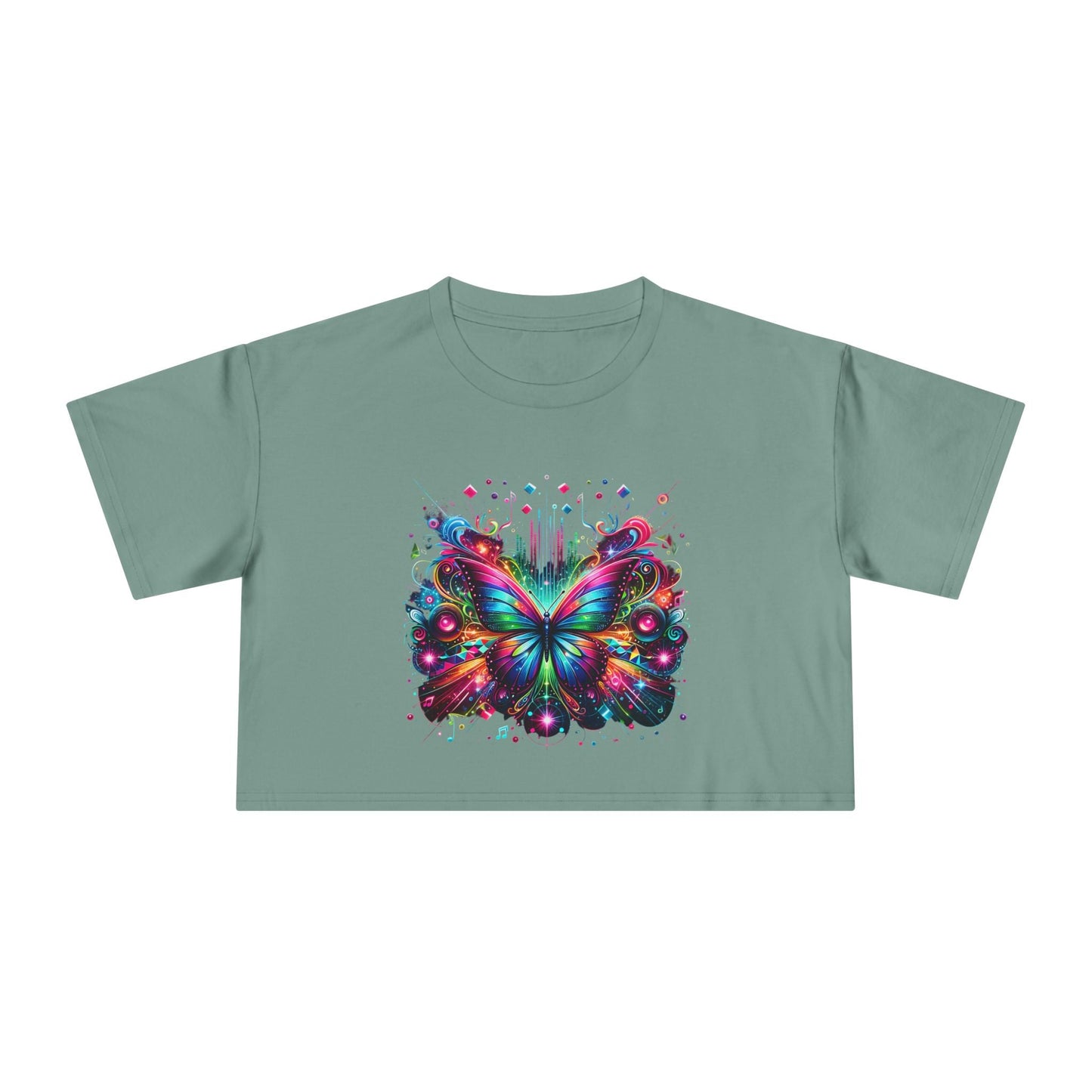 Crop Tee, Rainbow Butterfly with Music Notes, Music Bars, Colorful Light | Murky Creek Creations