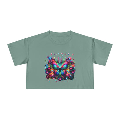 Crop Tee, Rainbow Butterfly with Music Notes, Music Bars, Colorful Light | Murky Creek Creations