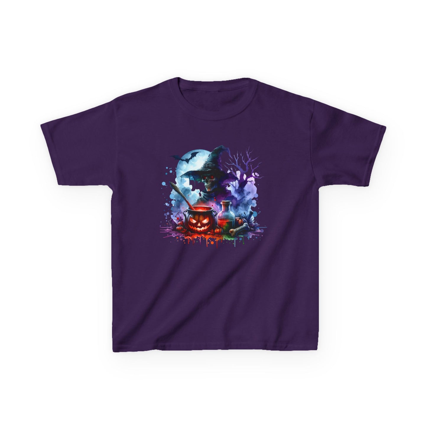 Skeleton Witch Brewing Potions Watercolor Kids Tee