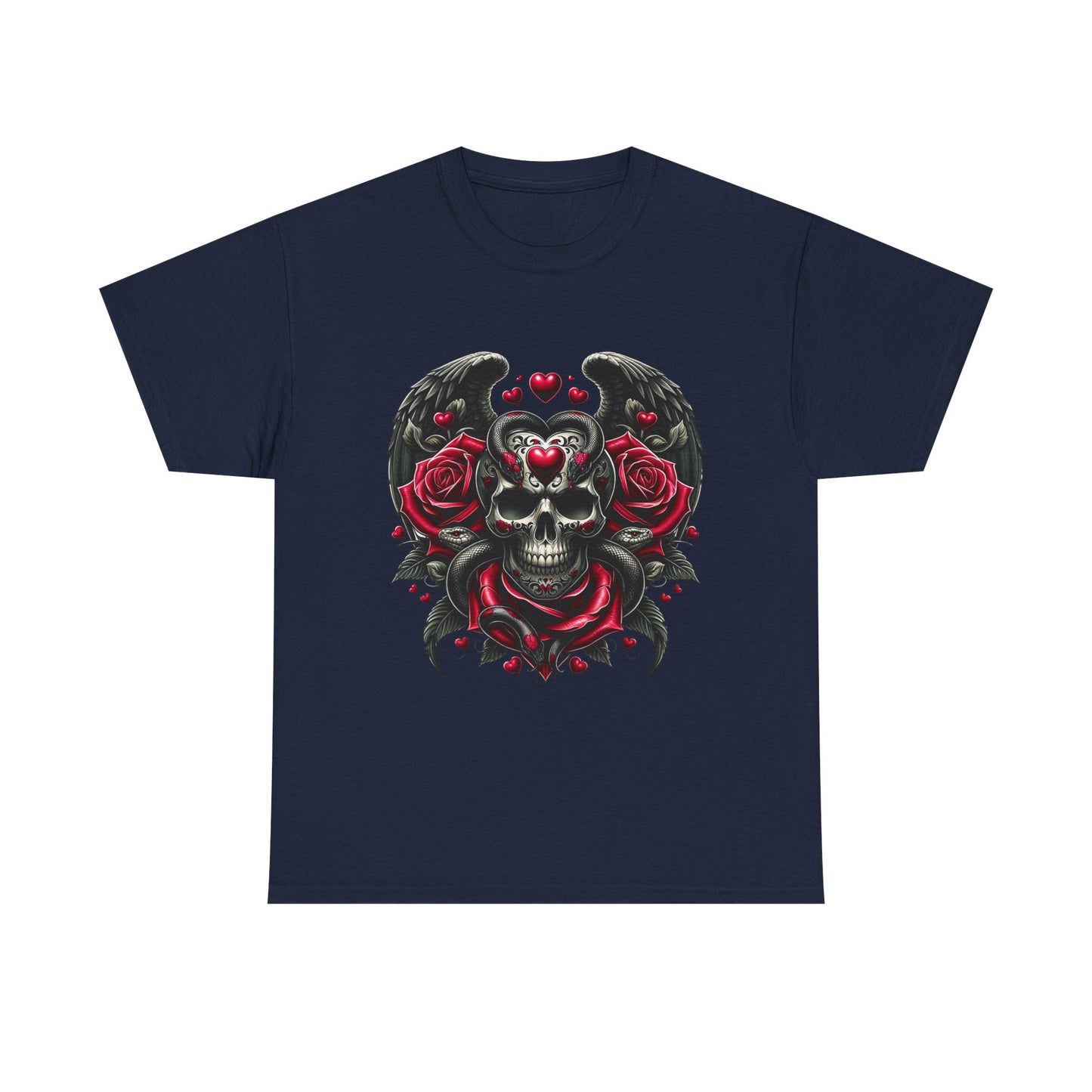 Winged Skull With Hearts And Serpents Tee Shirt